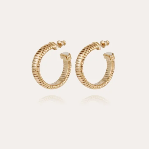 Antigone cabochons hoop earrings small size gold - White Mother-of-pearl