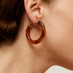 Caftan hoop earrings small size acetate gold - Brown