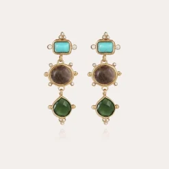 Tiki 3 earrings gold - Turquoise, Grey Marble & Serpentine