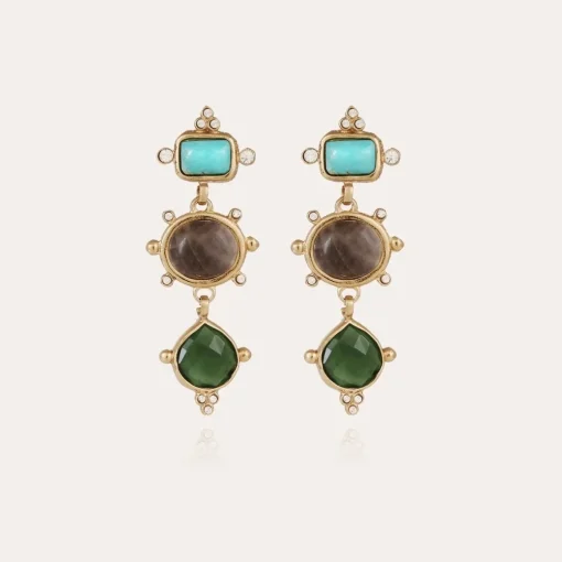Tiki 3 earrings gold - Turquoise, Grey Marble & Serpentine