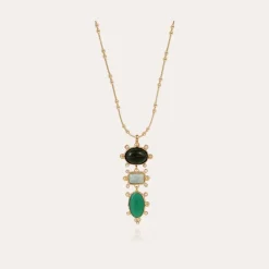 Tiki 3 rows necklace gold - Amazonite & Aventurine