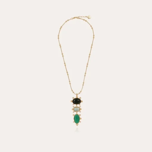 Tiki 3 rows necklace gold - Amazonite & Aventurine